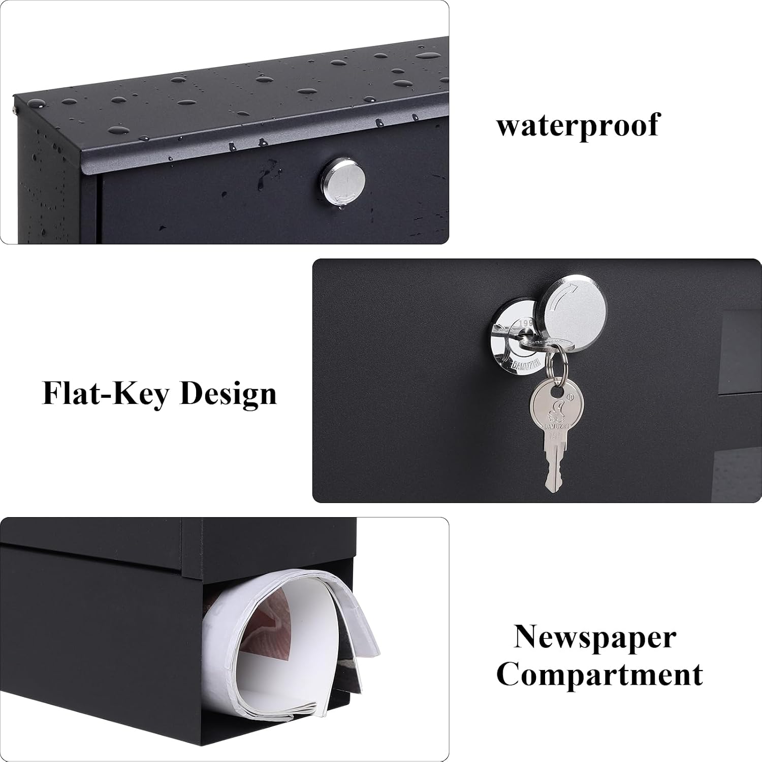 Locking Mailbox Wall Mount for Outside– Jssmst Mailboxes with Key Lock for Front Door Fence, Large Capacity Letter Box, 14.3 x 4.1 x 11.8 Inch, Black, SM-HPB911BN