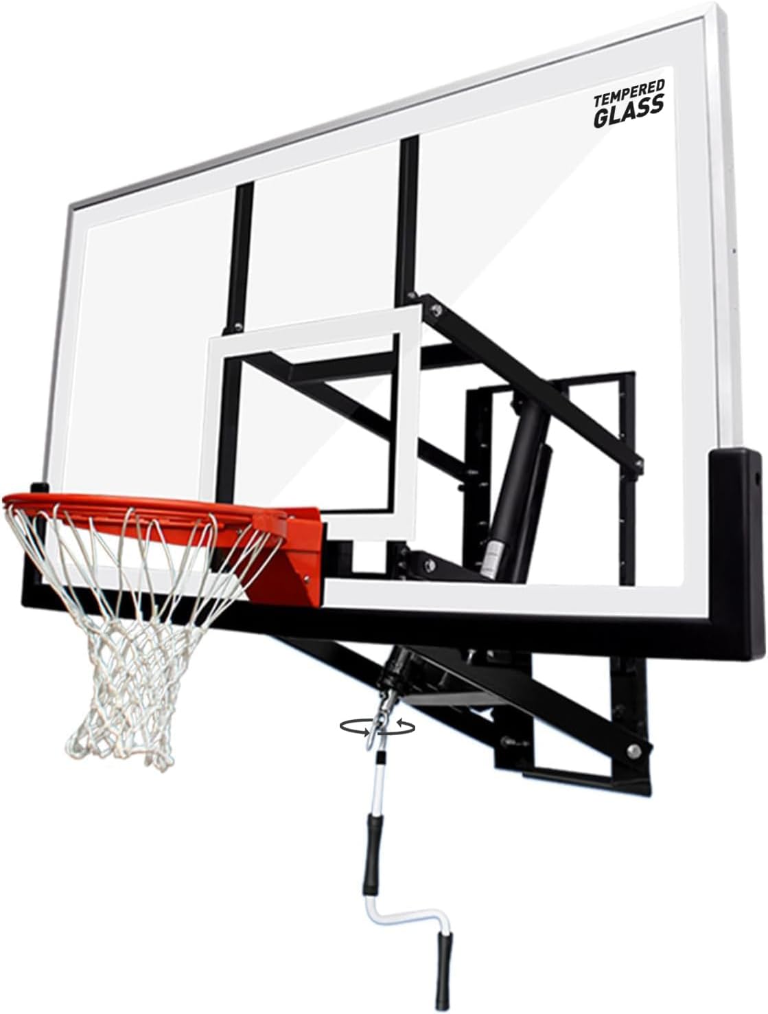 Katop Wall Mount Basketball Hoop with 60"x36", 72"x42" Tempered Glass Backboard, Effortlessly Height Adjustable from 7.5' to 10'
