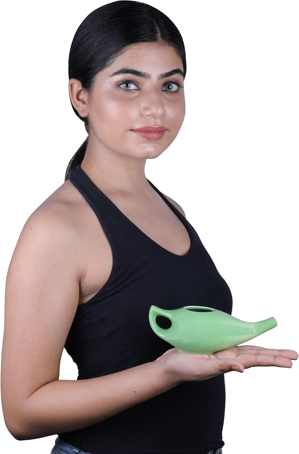 HealthGoodsIn Ceramic Neti Pot, Dishwasher Safe, Premium Handcrafted with 2 Silicone Nozzle and Salt for Sinus - 225 Ml. Capacity (Brown)
