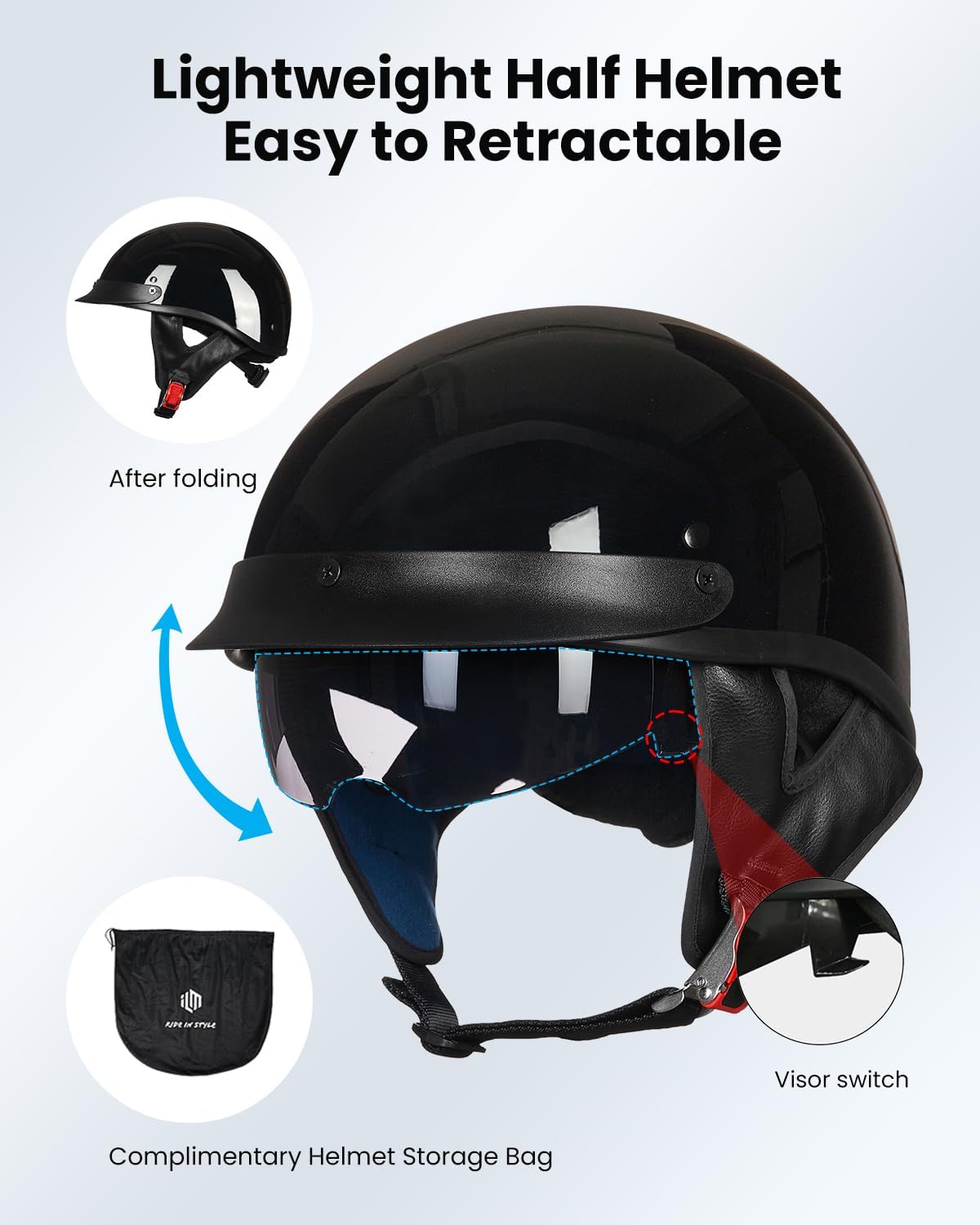 ILM Half Helmet Motorcycle Open Face Sun Visor Quick Release Buckle DOT Approved Cycling Motocross Suits Men Women 205V (M, Matt Black)