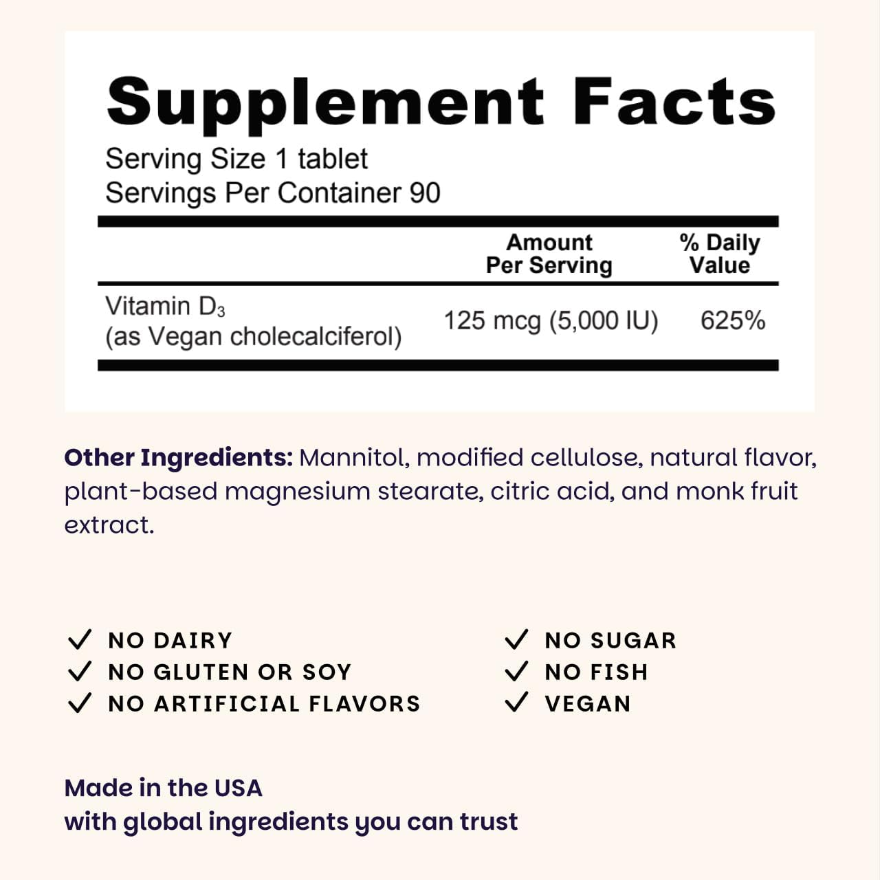 EZ Melts Dissolvable Vitamin D3 5,000 IU - Vegan Vitamin D Supplement for Bone & Teeth Support - No Artificial Flavors - Plant-Based & Non-GMO - Green Apple - 90 Dissolvable Tablets (90 Servings)