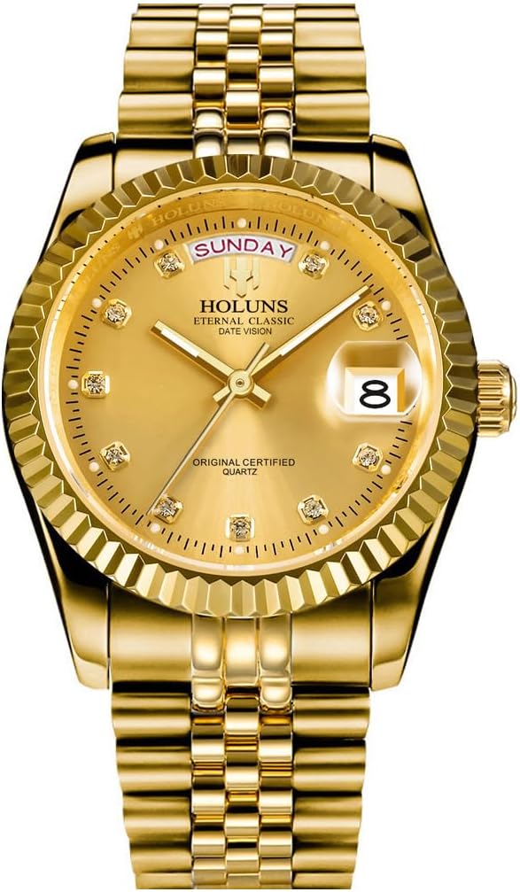 41MM Men's Gold Plated Stainless Steel Waterproof Quartz Watch Luxury Wristwatch with Date Week Display