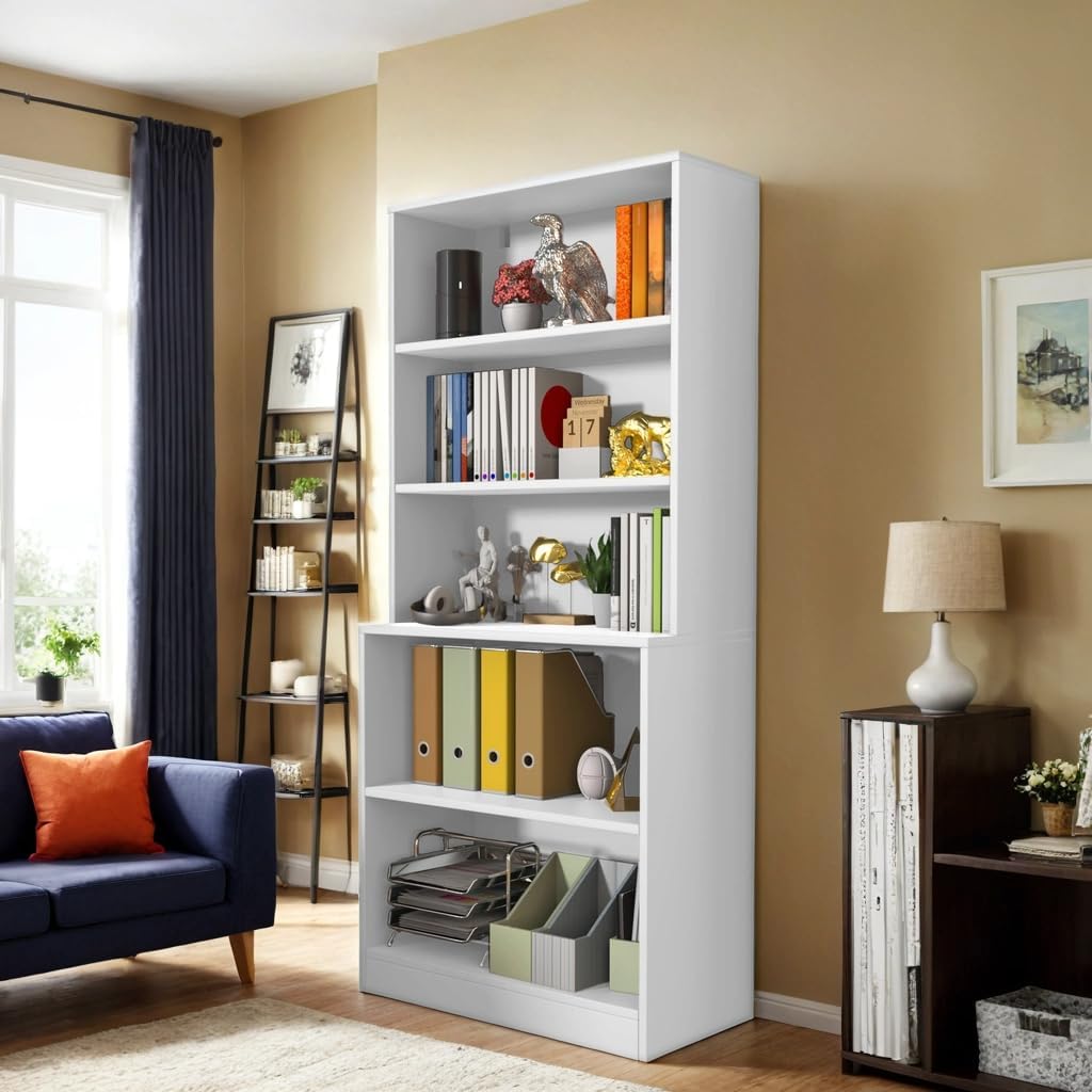 holzart 71" Tall Book Shelf, 5 Tier Large Bookshelf, Standing Wood Display Book Shelf for Living Room, Office, Library with Doors, 31.5" W x 70.87" H x 11.81" D, White