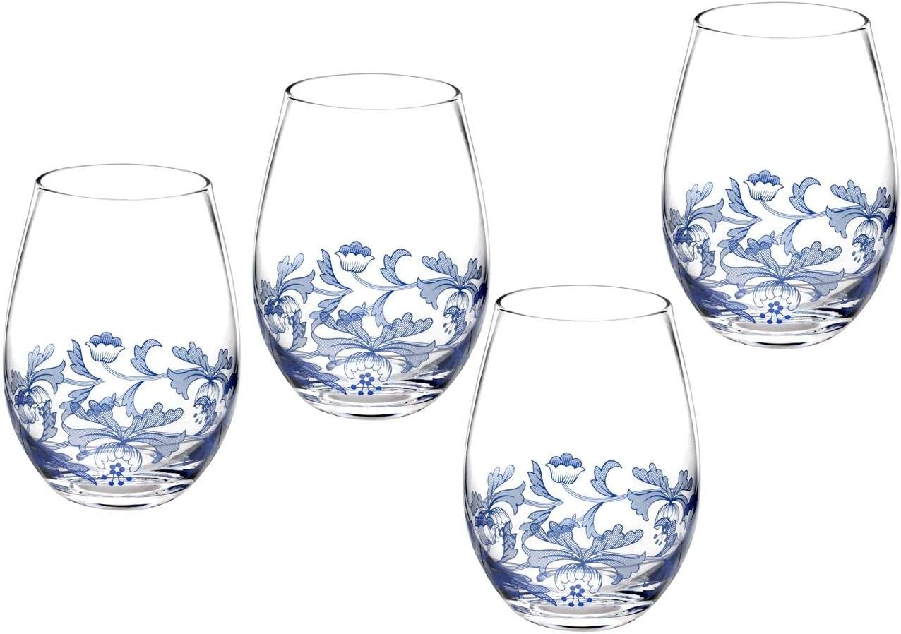 Spode Blue Italian Highball Glasses, 15 Oz - Blue & White, Set of 4 | Blue Italian Collection, Tall Tumbler for Serving Mojitos, Cocktails, Spritzers & Fruit-Infused Beverages, Glass Construction