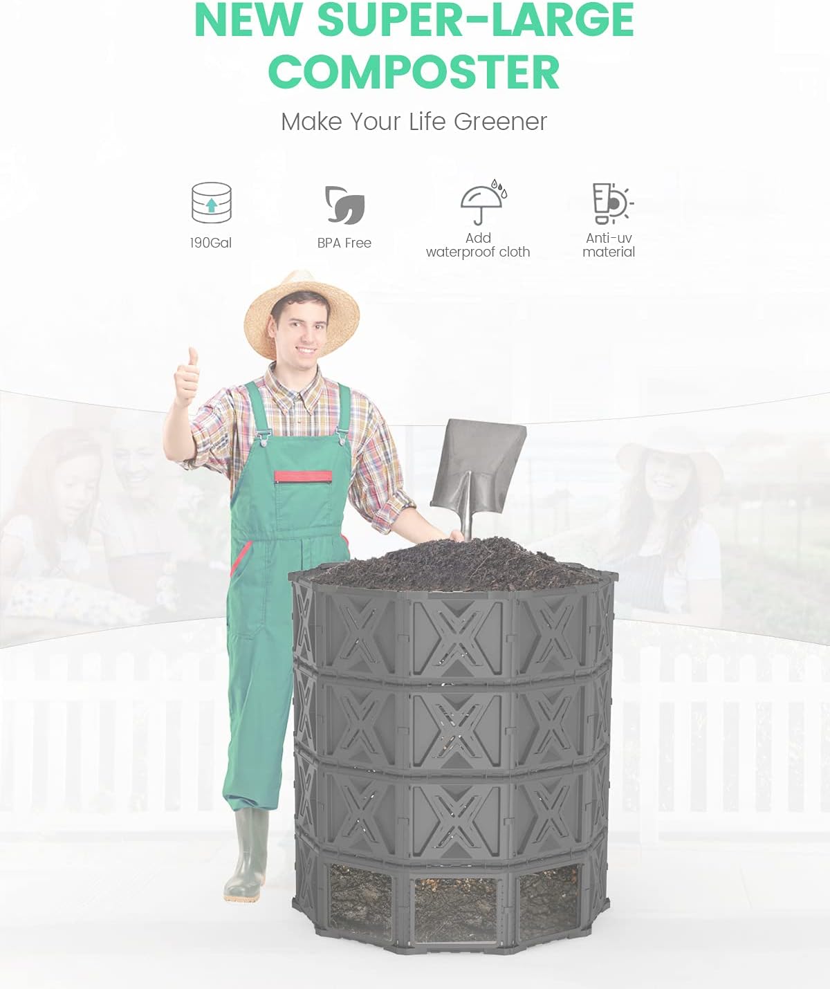 190 Gallon Large Outdoor Compost Bin, 720L Garden Composter with Aeration Vents, BPA-Free PP Panels, Modular Structure with Bottom Access Door and Lid