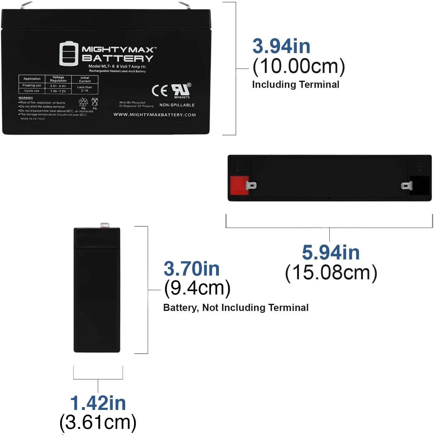 Mighty Max Battery ML7-6 - 6 Volt 7 AH, F1 Terminal, Rechargeable SLA AGM Battery, Mighy Max Product