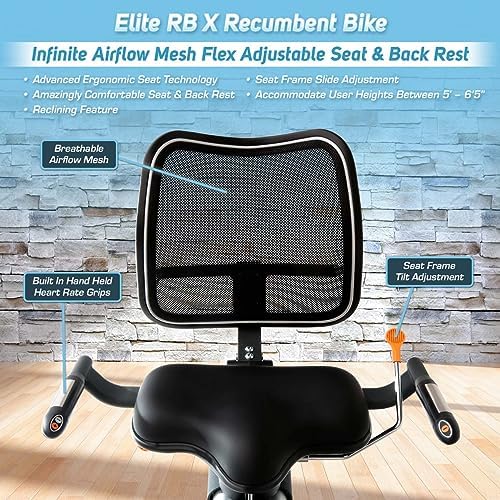 Elite RB X Recumbent Exercise Bike - FreeSync FTMS Bluetooth Smart App Connectivity - Compact 49" (L) - Oversized Soft 4-Way Adj. Seat - 350 lb Cap.