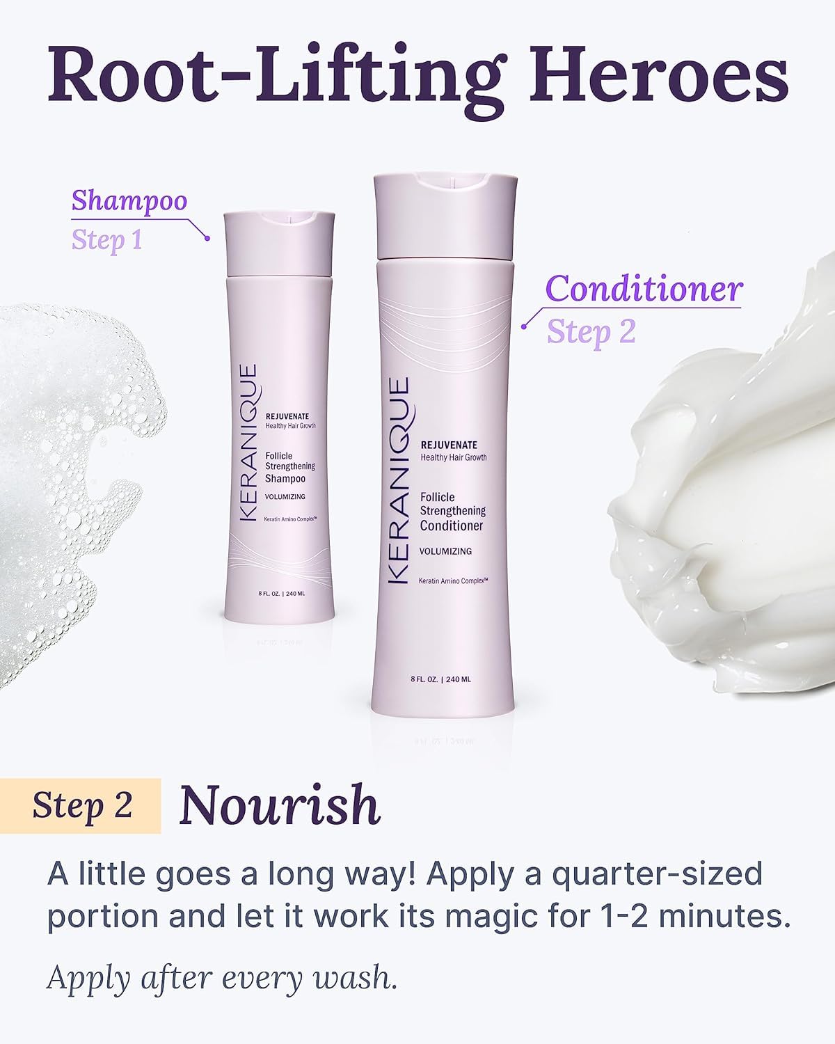 Keranique Volumizing Keratin Conditioner for Thinning Hair, Hair Regrowth | Keratin Amino Complex, Free of Sulfates, Dyes and Parabens, 8 Fl Oz | Volumizes Hair