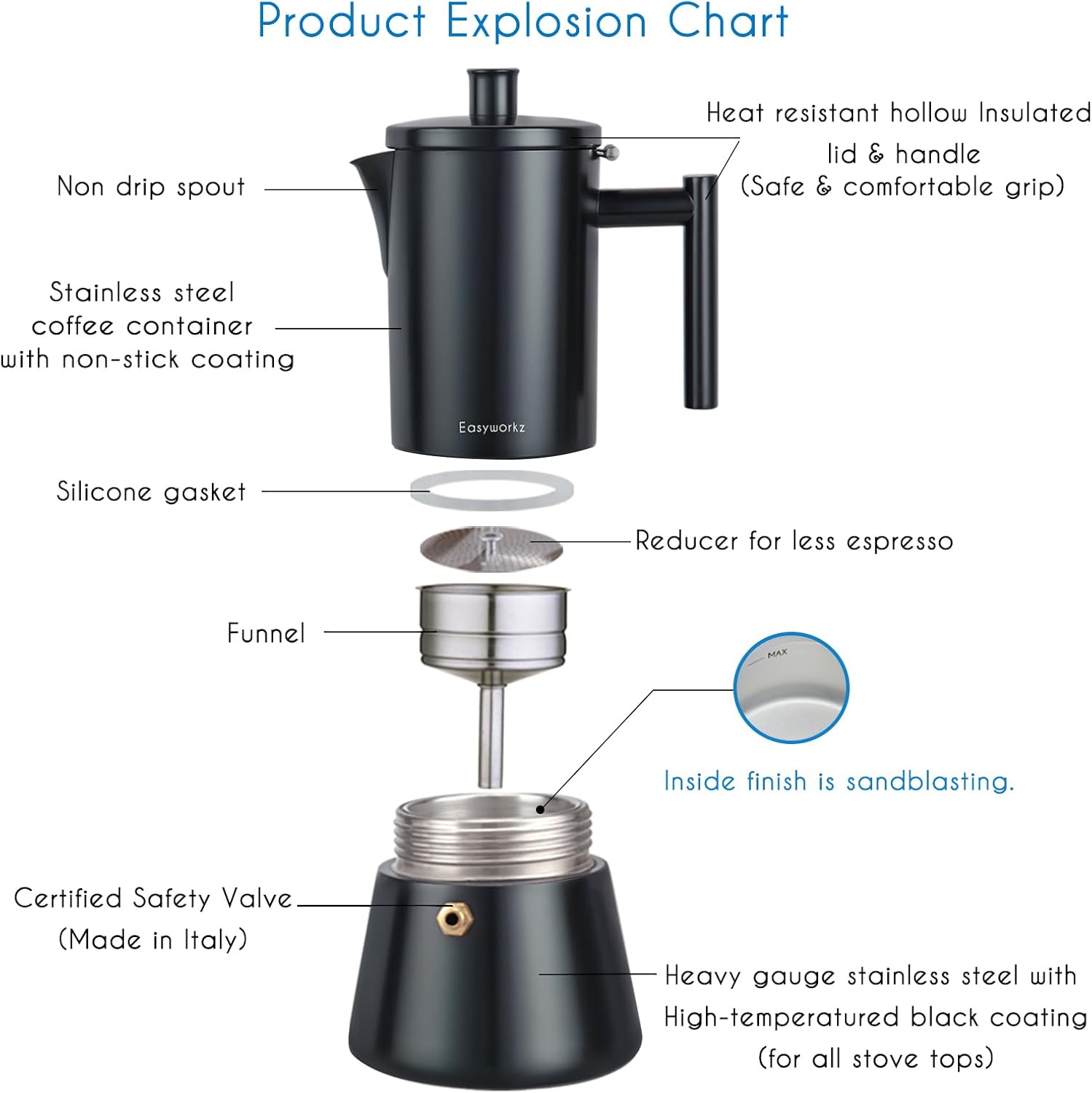 Easyworkz Diego Stovetop Espresso Maker Stainless Steel Italian Coffee Machine Maker 6Cup 10 oz Moka Pot Induction Espresso Pot