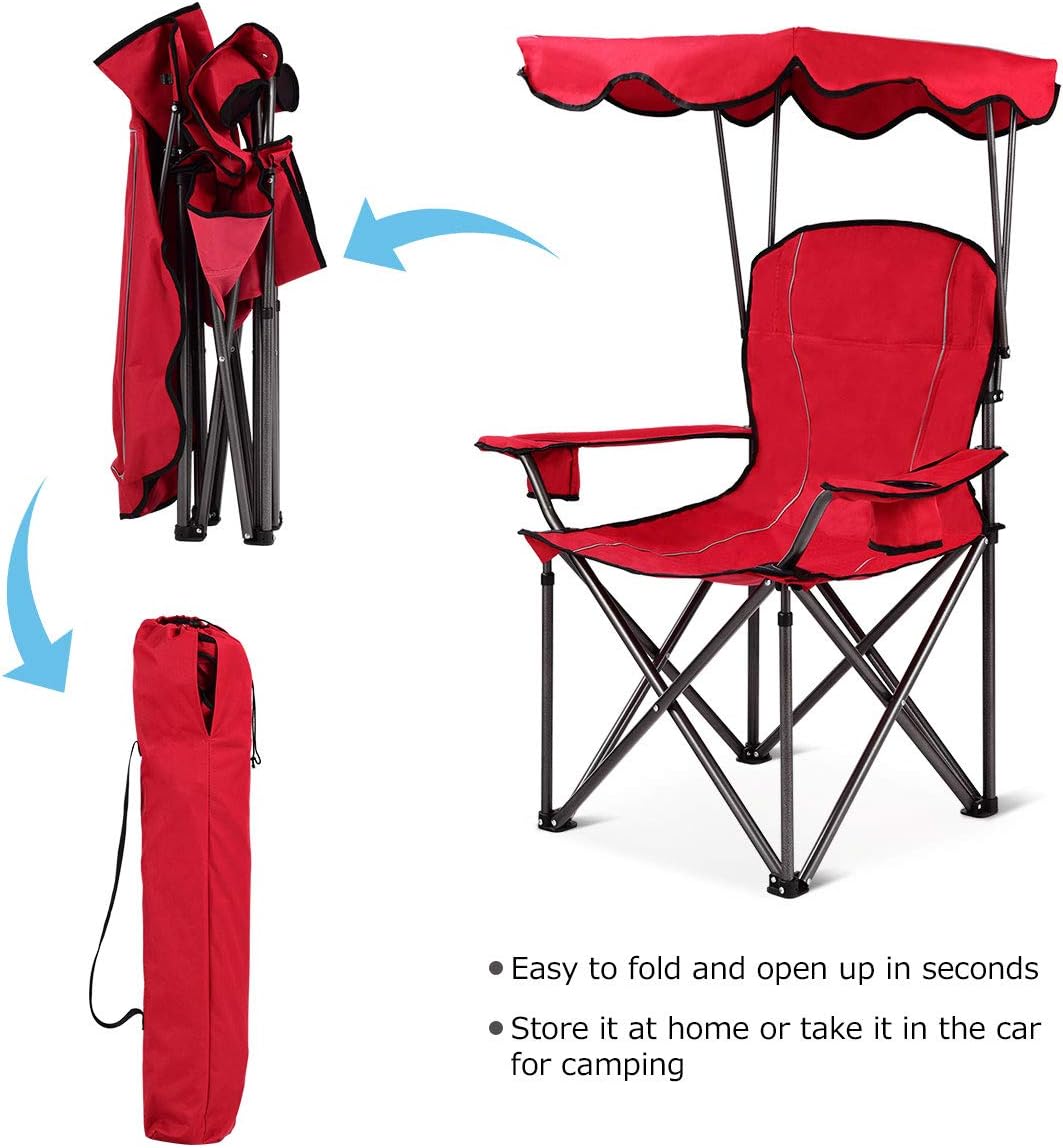 Goplus Camping Chair with Canopy Shade, Folding Lawn Chair with Umbrella Cup Holder & Carry Bag, Portable Sunshade Chair for Adults for Beach Outdoor Travel Hiking Fishing (Red)