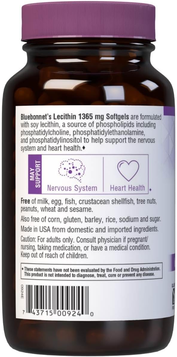 Bluebonnet Lecithin 1365mg, 90 Count | Third-party tested for purity and potency; manufactured in the USA