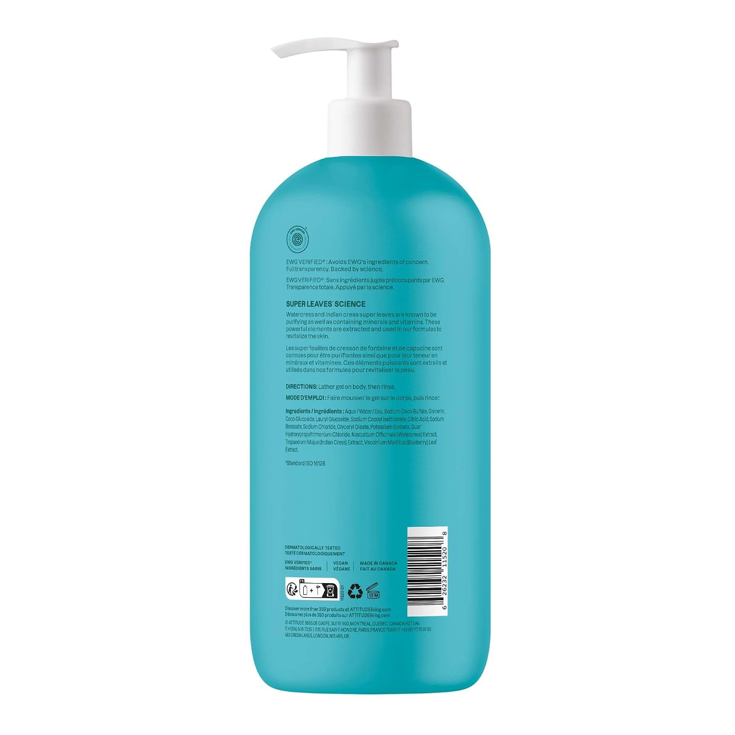 ATTITUDE Body Wash, EWG Verified Shower Gel, Dermatologically Tested, Plant and Mineral-Based, Vegan Personal Care Products, Earl Grey & Fresh Cucumber, 16 Fl Oz