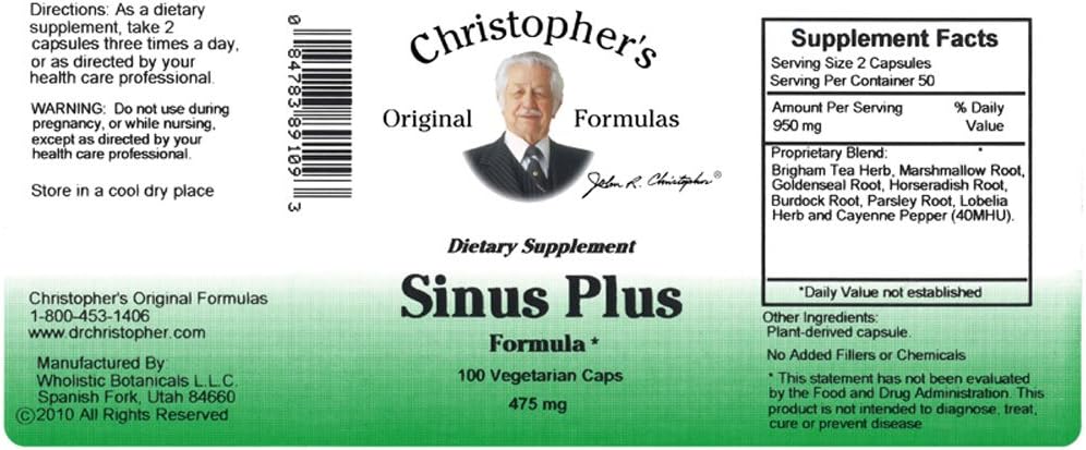 Christopher's Original Formulas Sinus Plus, Sinus Support Capsules, Whole Herb Synergistic Blend, 100 Count