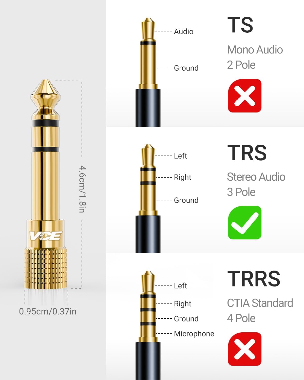 VCE 3.5mm to 1/4 Adapter Stereo Headphone Adapter, 24K Gold-Plated, 2-Pack | Seamless Audio Connection, Premium Sound Fidelity, Secure TRS Connection for Aux Cable, Guitar Amplifier, Headphone