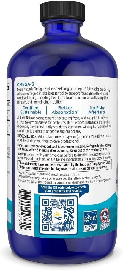 Nordic Naturals Omega-3, Lemon Flavor - 8 oz - 1560 mg Omega-3 - Fish Oil - EPA & DHA - Immune Support, Brain & Heart Health, Optimal Wellness - Non-GMO - 48 Servings