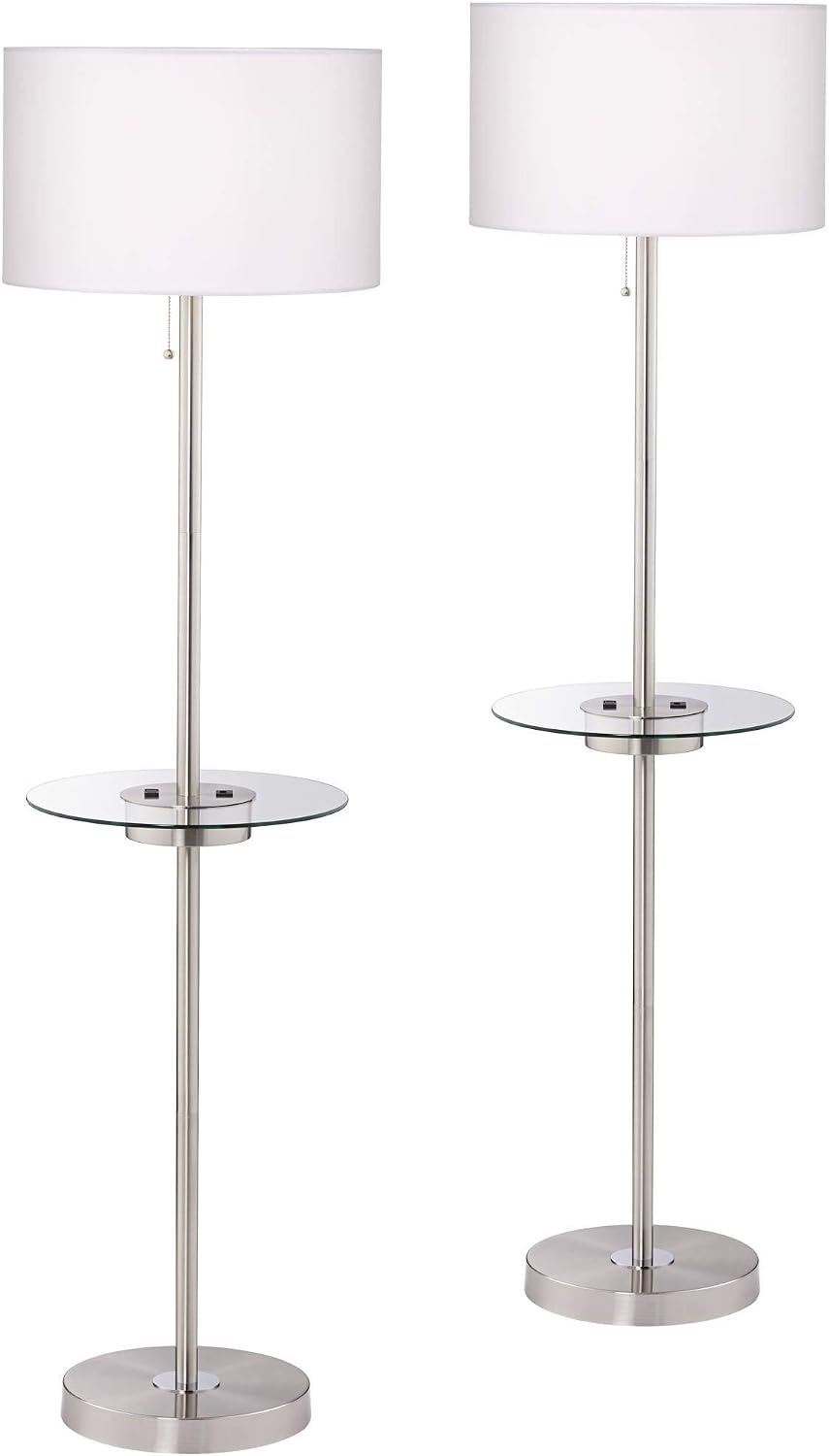 360 Lighting Caper 60 1/2" Tall Nickel Tray Table USB and Outlet Floor Lamp | Modern with AC Power on Glass 5 Satin White Fabric Drum Shade for Living Room Reading House Bedroom