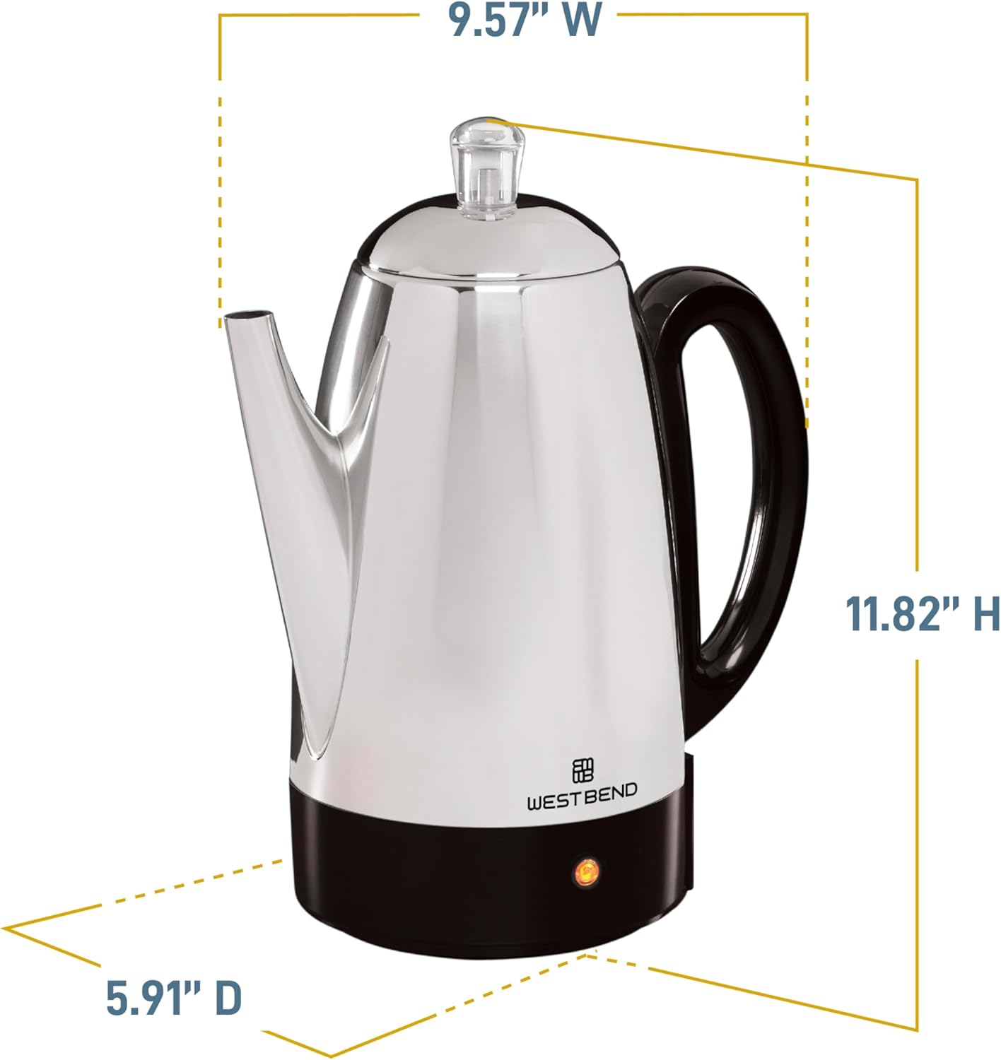 West Bend Electric Percolator Classic Style Coffee Maker with Heat Resistant Handle Base and Detachable Cord with Stainless Steel Stem and Basket
