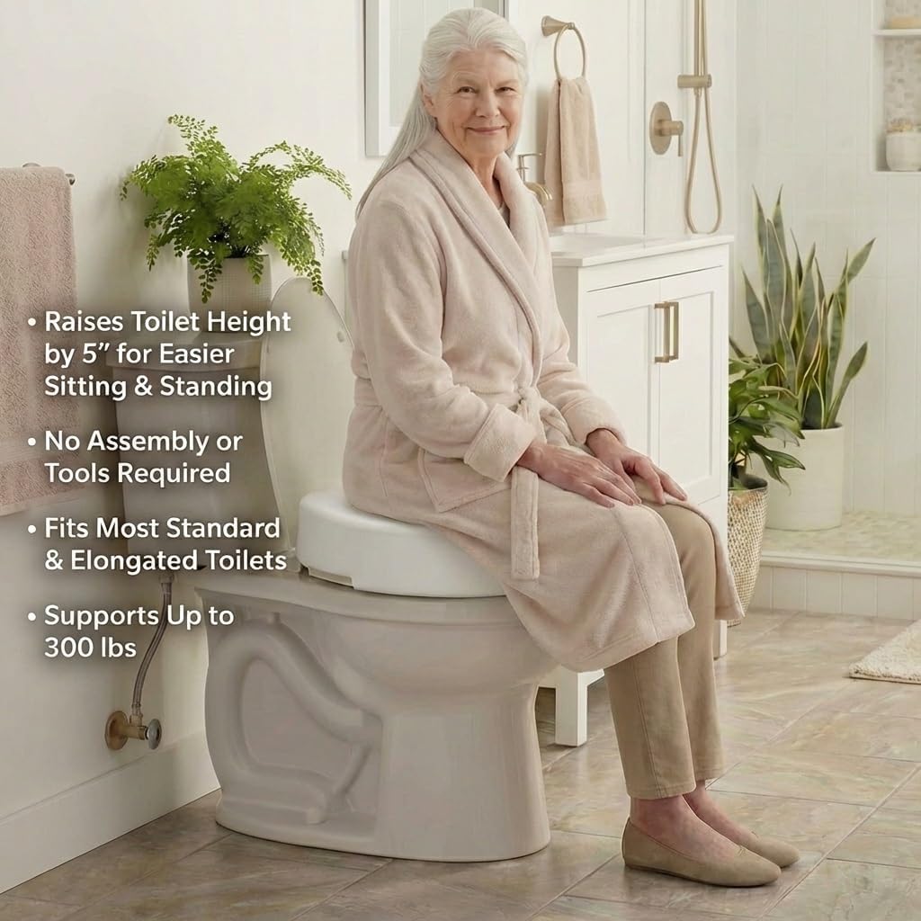 NOVA Toilet Seat Riser with Arms – Adds 5” Height, Raised Toilet Seat with ON/Off Front Lock, Adjustable & Removable Padded Arms (17.75”–20”), 300 lb Capacity, Safety Aid for Seniors