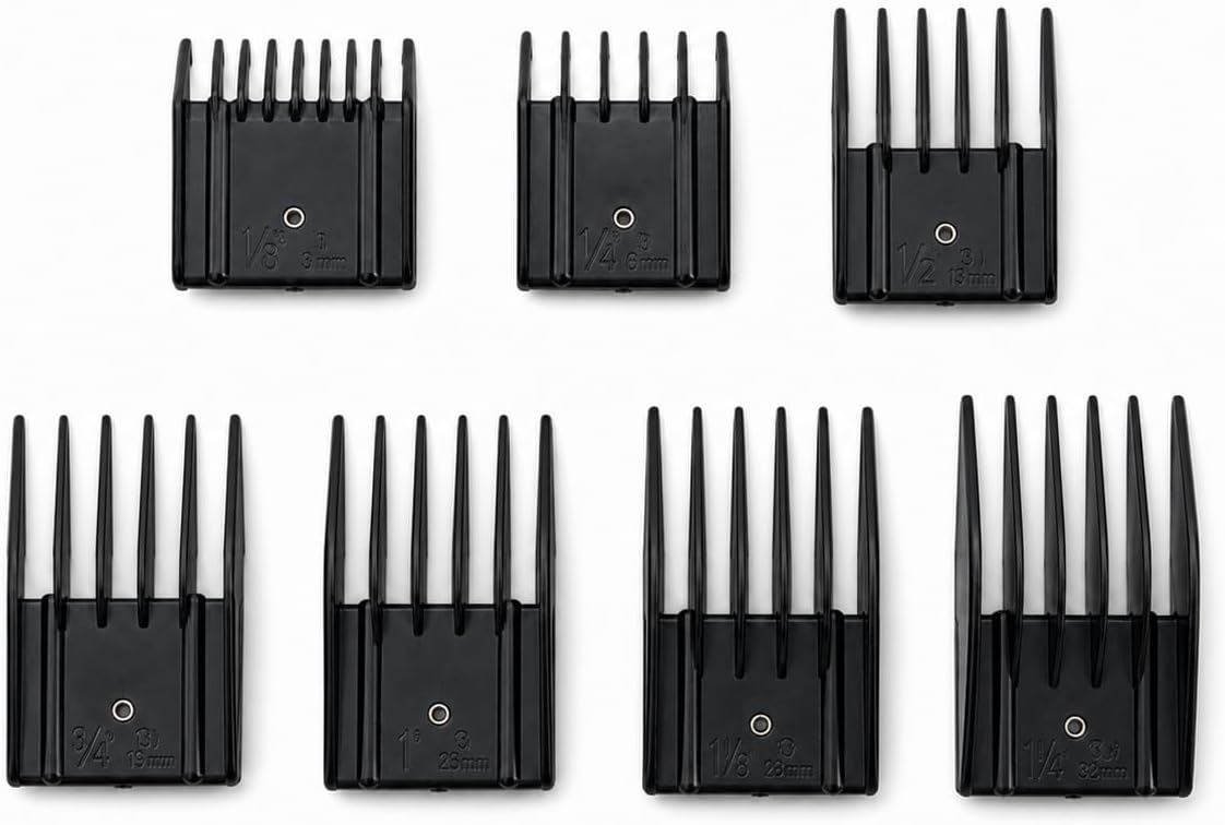 Miaco 7 Piece Universal Clipper Guide Comb Guard Set Compatible with Full Size Clippers Oster Classic 76, Oster A5, Andis AG, Andis BG, Wahl Senior