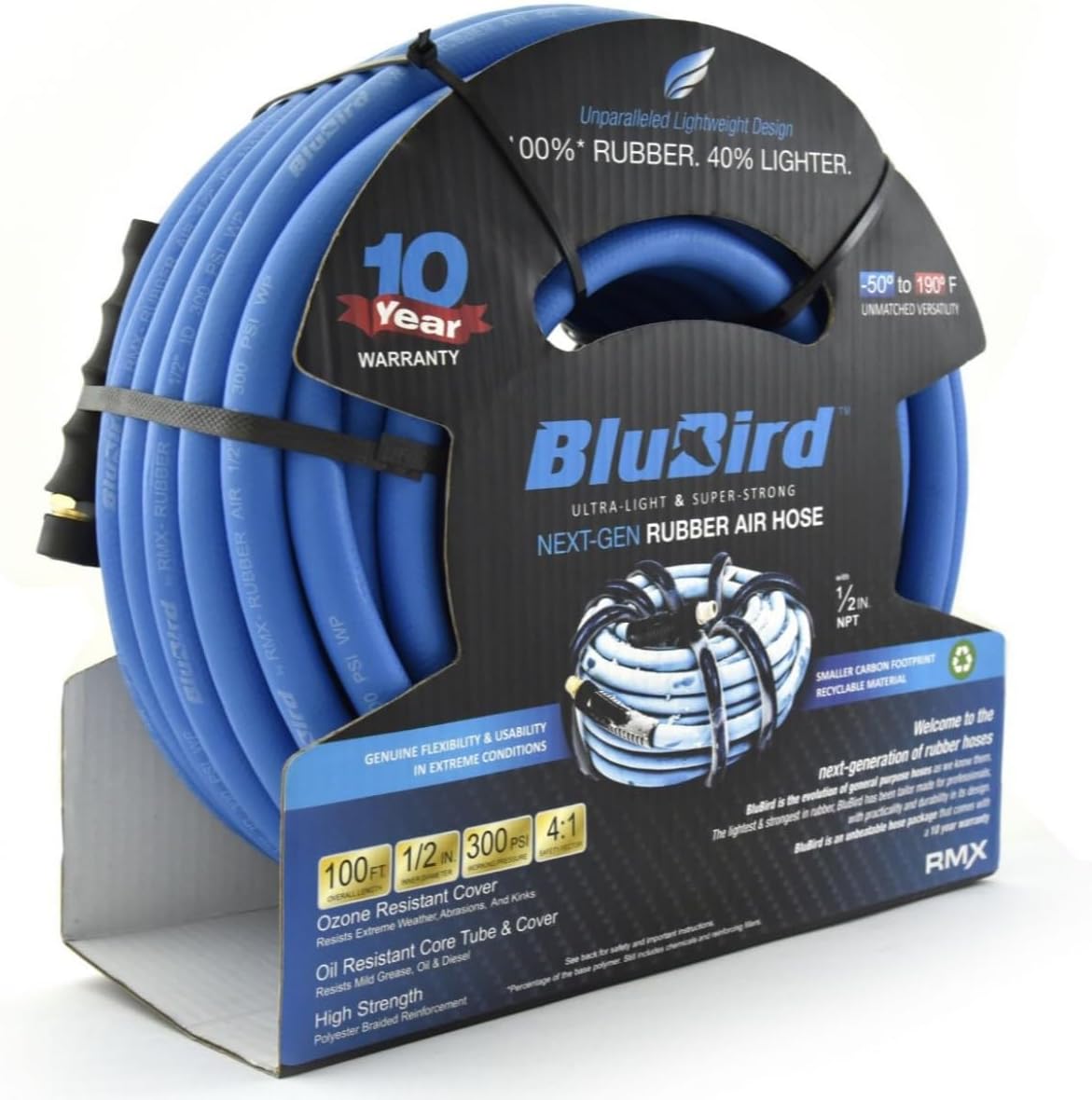 BLUBIRD BB1250 1/2" x 50' Rubber Air Hose, 100% Rubber, Lightest, Strongest, Most Flexible, 300 PSI, 50F to 190F Degrees, Ozone Resistant, High Strength Polyester Braided
