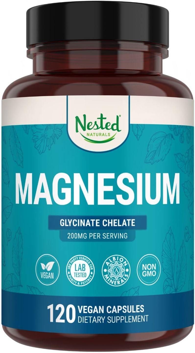 Nested Naturals Magnesium Glycinate Chelate - 200mg Chelated Magnesium Supplement for Muscle Cramps, Relaxation, & Sleep Support - 100% Albion TRACCS Buffered Magnesium Glycinate - 120 Vegan Capsules