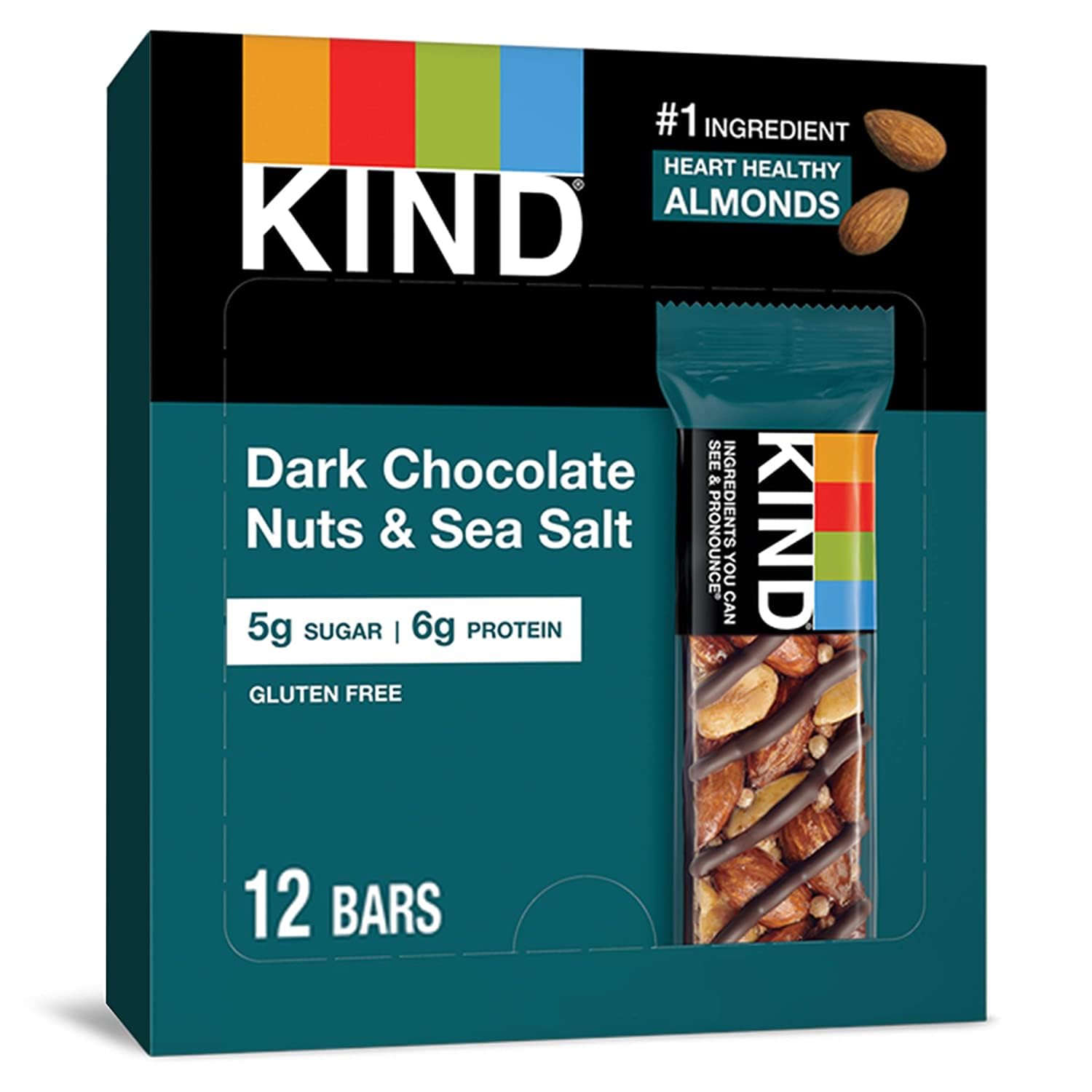 KIND Healthy Snacks Bars, Dark Chocolate Nuts & Sea Salt, Gluten Free, Low Sugar, High Fiber Snacks, 6g Protein, 12 Count