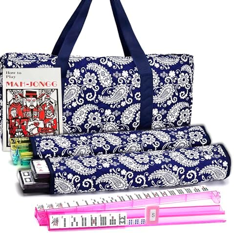 Mose Cafolo American Mahjong Set, Blue Paisley Carrying Bag,166 Premium White Tiles,4 All-in-One Color Rack/Pushers Complete Mahjong Tiles Set (Ma Jong, Mah-Jongg, Majiang)