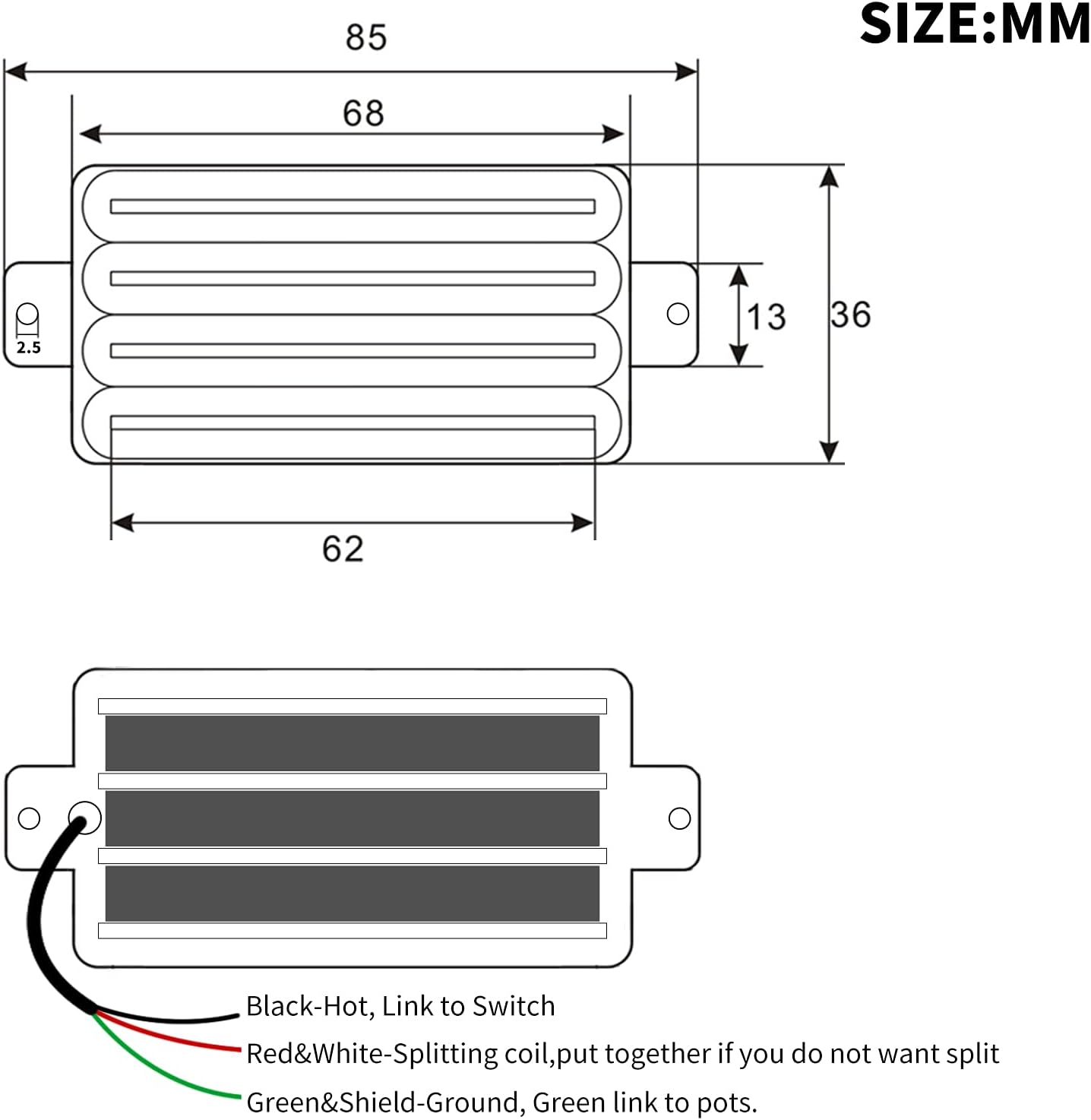 SAPHUE 2-Dual Blade Electric Guitar High Output Track Type Four Coil Humbucker Pickup Black