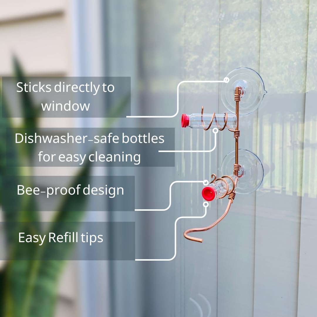 Window Hummingbird Feeder | Handcrafted Copper and Aluminum | Multiple Stations | Modern Hummingbird Feeder | Glass Bottles | Suction Cups (Copper, Four Station)
