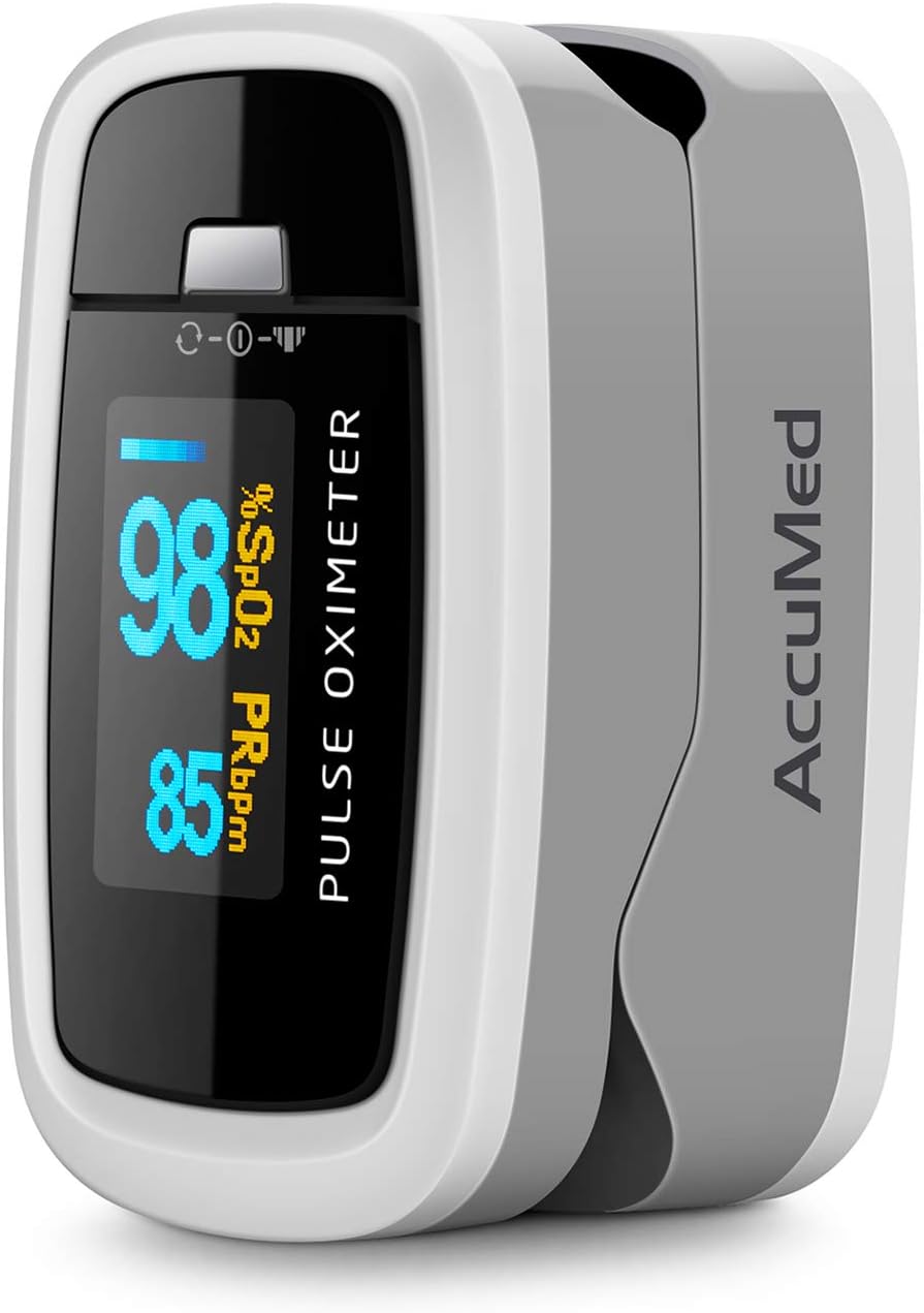 AccuMed CMS-50D1 Fingertip Pulse Oximeter Blood Oxygen Sensor SpO2 for Sports and Aviation. Portable and Lightweight with LED Display, 2 AAA Batteries