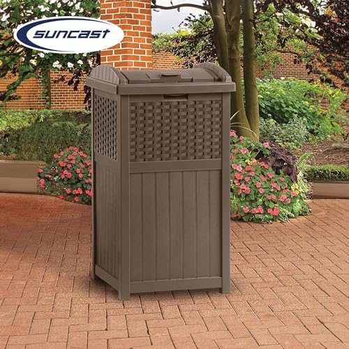 Suncast 2 Pack 33 Gallon Commercial Outdoor Trashcan Hideaway with Lid for 30 to 33 Gallon Trash Bags for Garage, Backyard, or Garden, Brown