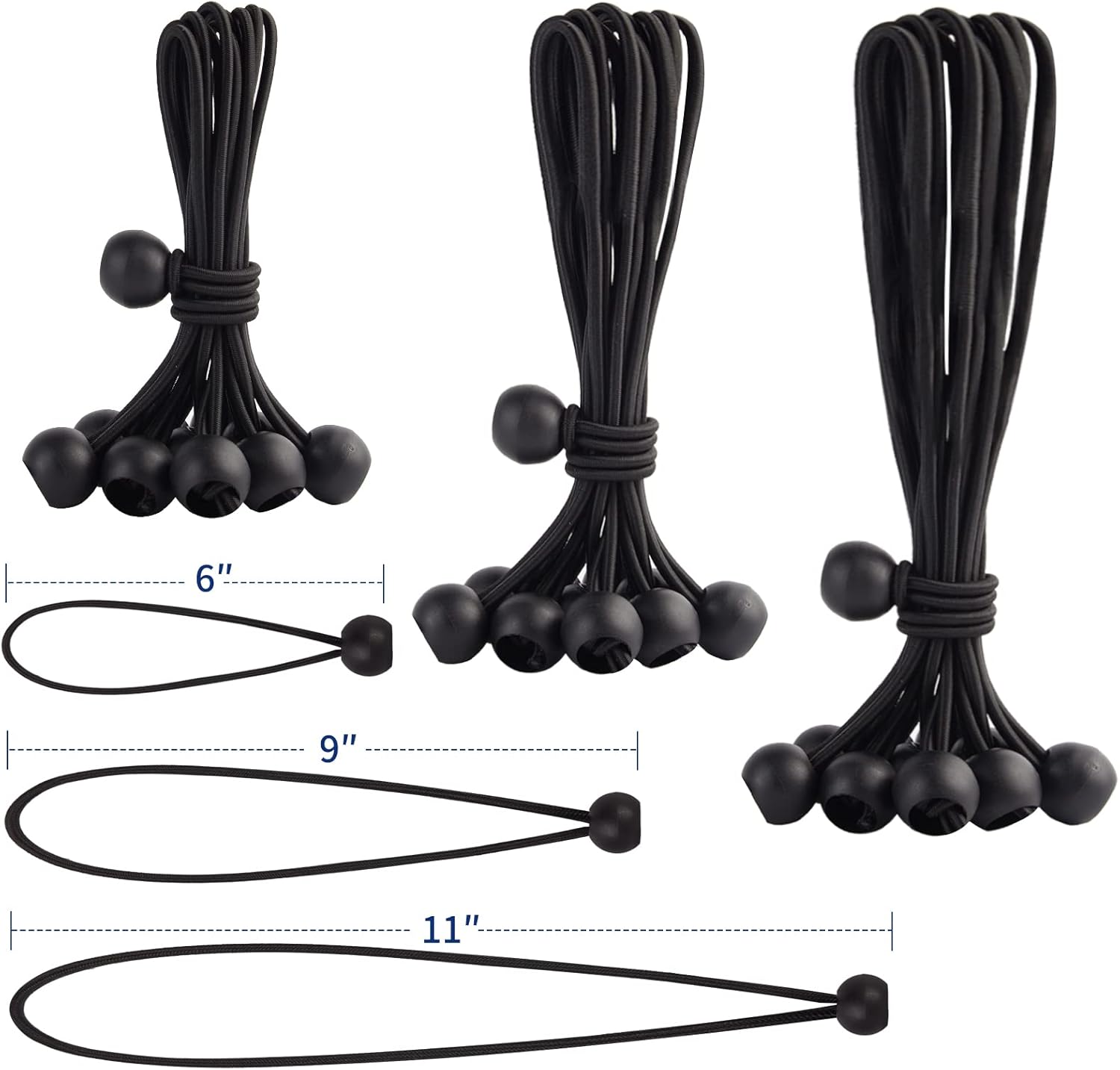 30PCS of 3 Sizes Ball Bungee Cords, 6, 9, 11 Inch Tarp Canopy Bungee Balls, Heavy Duty Tie Down Cord for Shelter, Gazebo, Camping, Tent, Cargo