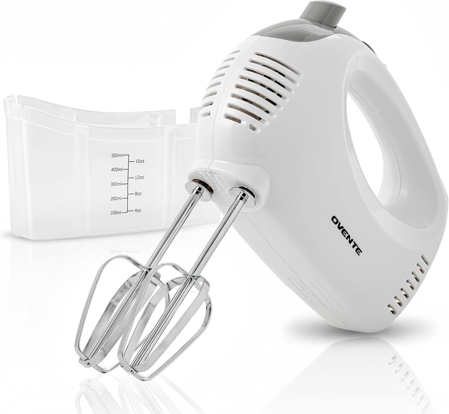 OVENTE 5-Speed Electric Hand Mixer with Storage Case,150W, White HM151W | Stainless Steel Whisks, Compact Portable Design, Lightweight Handheld Mixer for Baking & Cooking