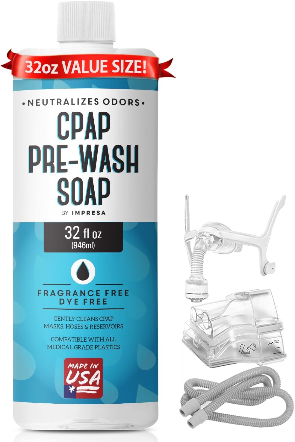 IMPRESA Concentrated CPAP Prewash Soap - 32 Fl Oz - Clear Formula, Unscented Soap - Odor Removal, Respiratory Equipment Cleaner - Gentle on Equipment