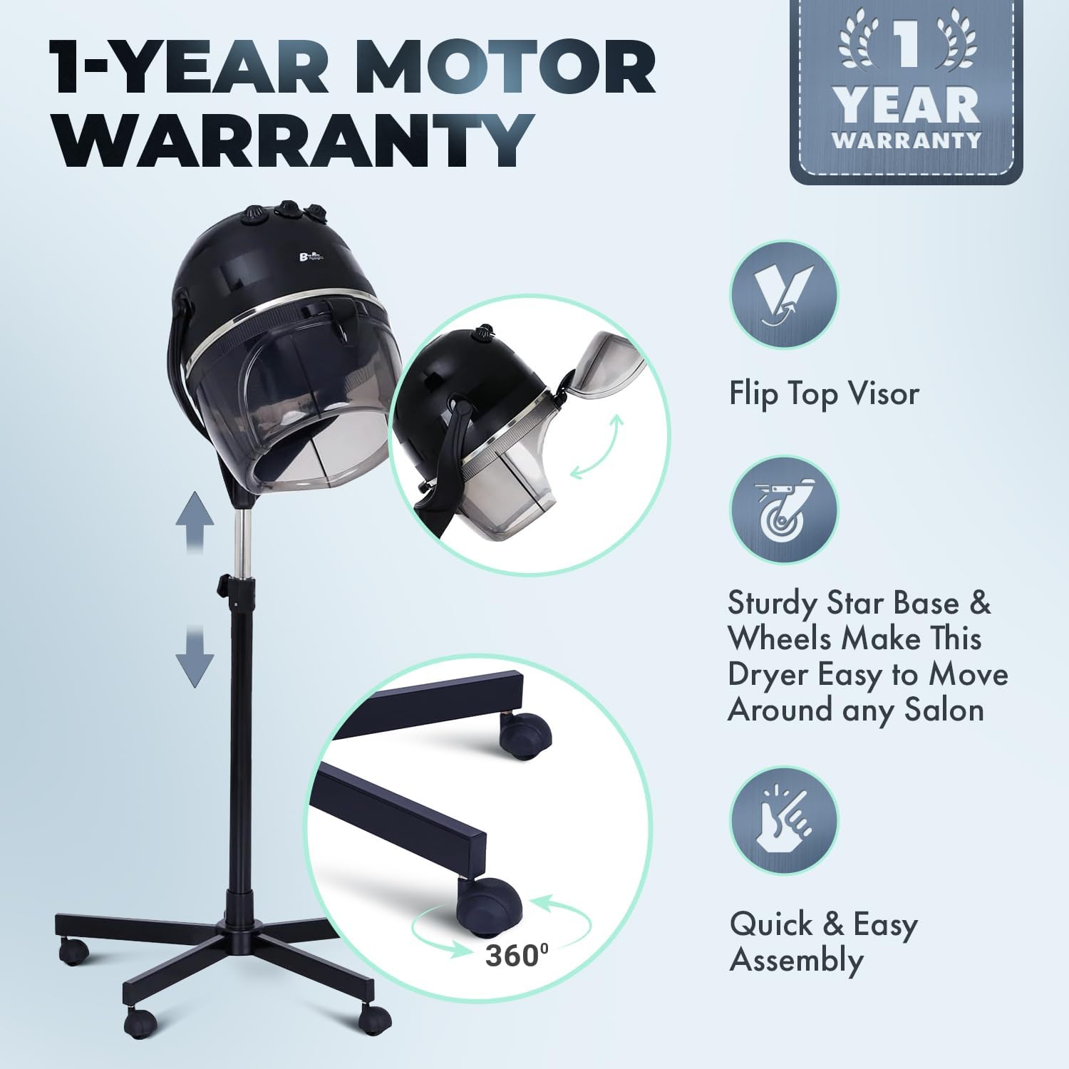 Buy-Rite Meredith 880W Hooded Salon Hair Dryer Adjustable Height | Durable 5-Star Caster Base, Fits Most Dryer Chairs, 60-Min Auto Shut-Off