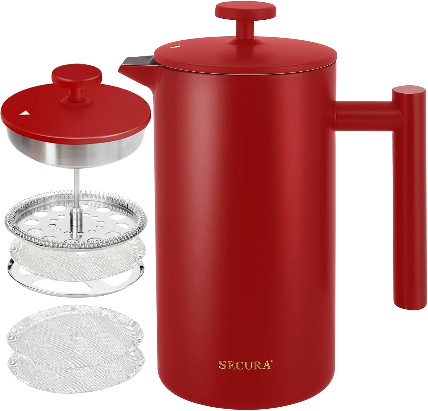 Secura French Press Coffee Maker, 304 Grade Stainless Steel Insulated Coffee Press with 2 Extra Screens, 34oz (1 Litre), Silver