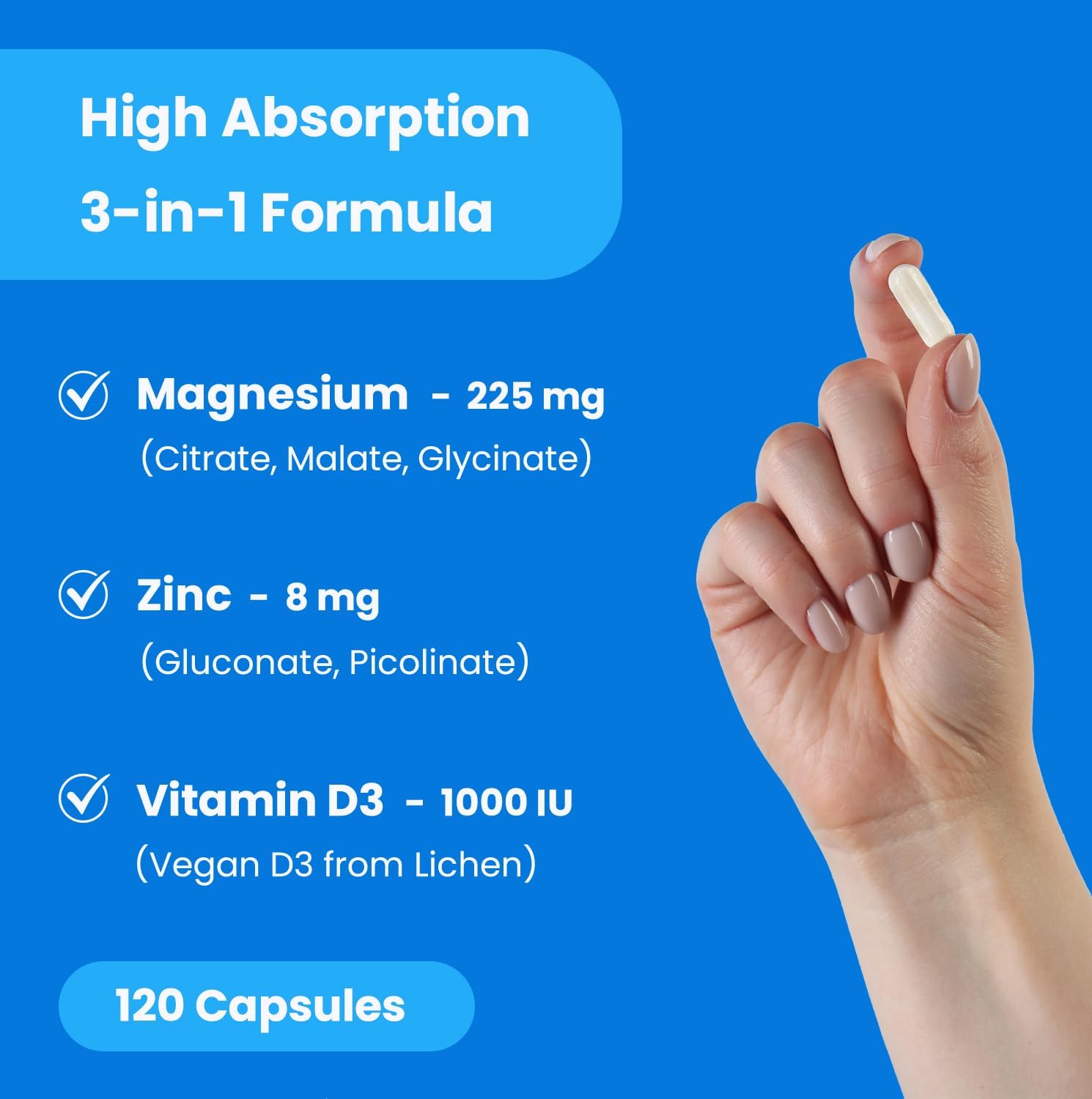 Magnesium Zinc & Vitamin D3 Supplement - Most Bioavailable Forms, Magnesium Glycinate, Malate, Citrate - Bone, Muscle & Heart Health