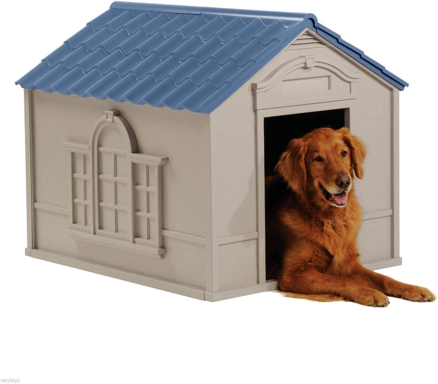 Suncast Outdoor Dog House with Door - Water Resistant and Attractive for Small to Large Sized Dogs - Easy to Assemble - Perfect for Backyards