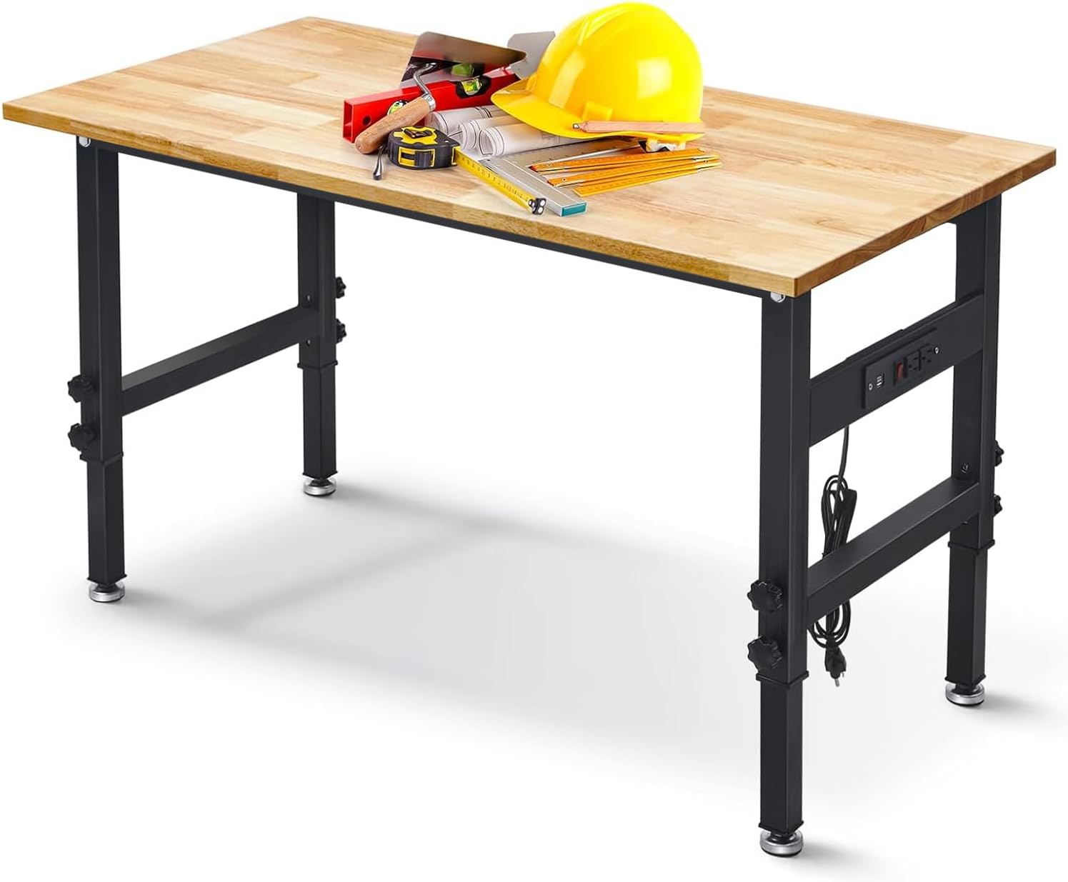60in Adjustable Height Workbench Desk with Drawers,Power Outlets, Rubber Wood Top Heavy-Duty Work Table, 2000 LBS Load Capacity Work Station for Garage, Workshop, Office, Home
