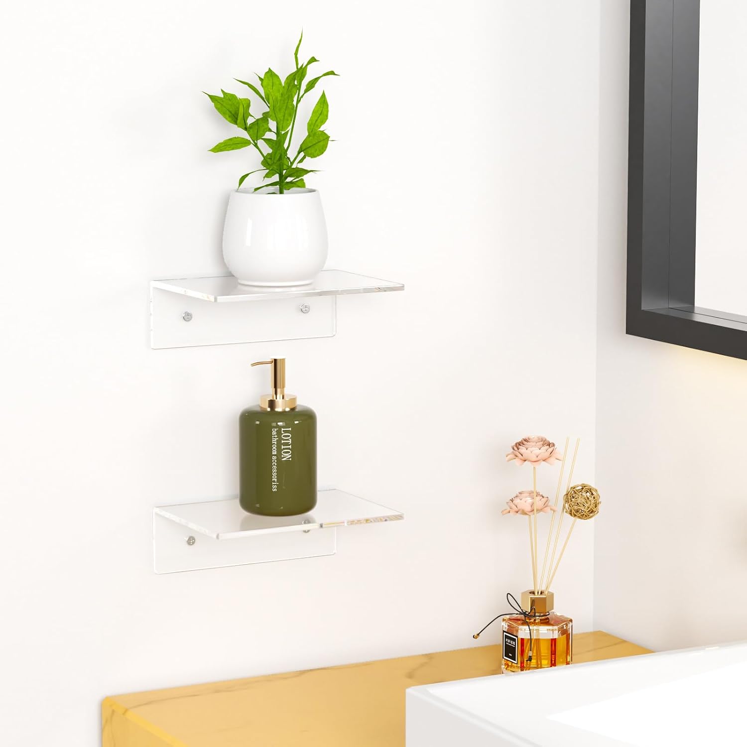 FEMELI 2 PCS 12" Acrylic Floating Shelves, Clear Shelf for Wall Display