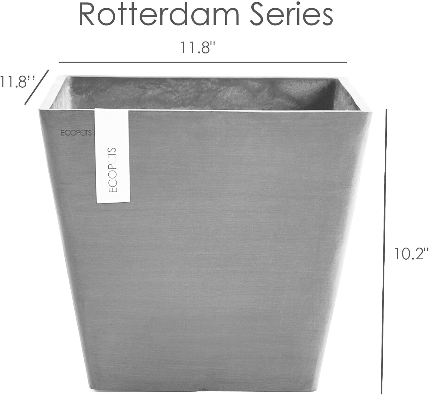 Ecopots Rotterdam Square Flower Planter, White Grey, 8" | Modern Style, Durable Recycled-Based Composite Construction, Weather and UV-Resistant, for Indoor/Outdoor Use