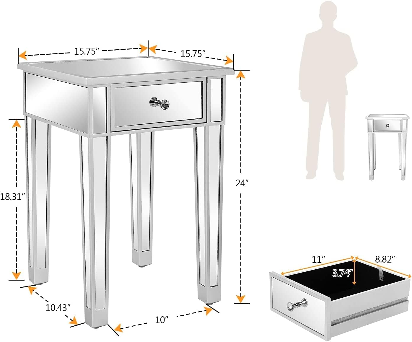 VINGLI Mirrored End Table with Drawer Silver Modern Nightstand/Bedside/Accent Table for Small Space, Living Room, Bedroom, 15.7" L x 15.7" W x 24" H
