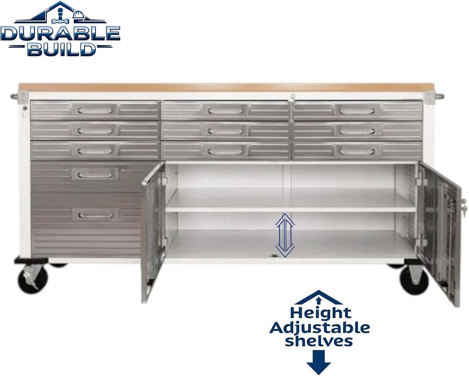 Heavy-Duty Rolling Workbench with Drawers and Cabinet, 77" W x 20" D x 37.5" H, (Red, 11 Drawer)