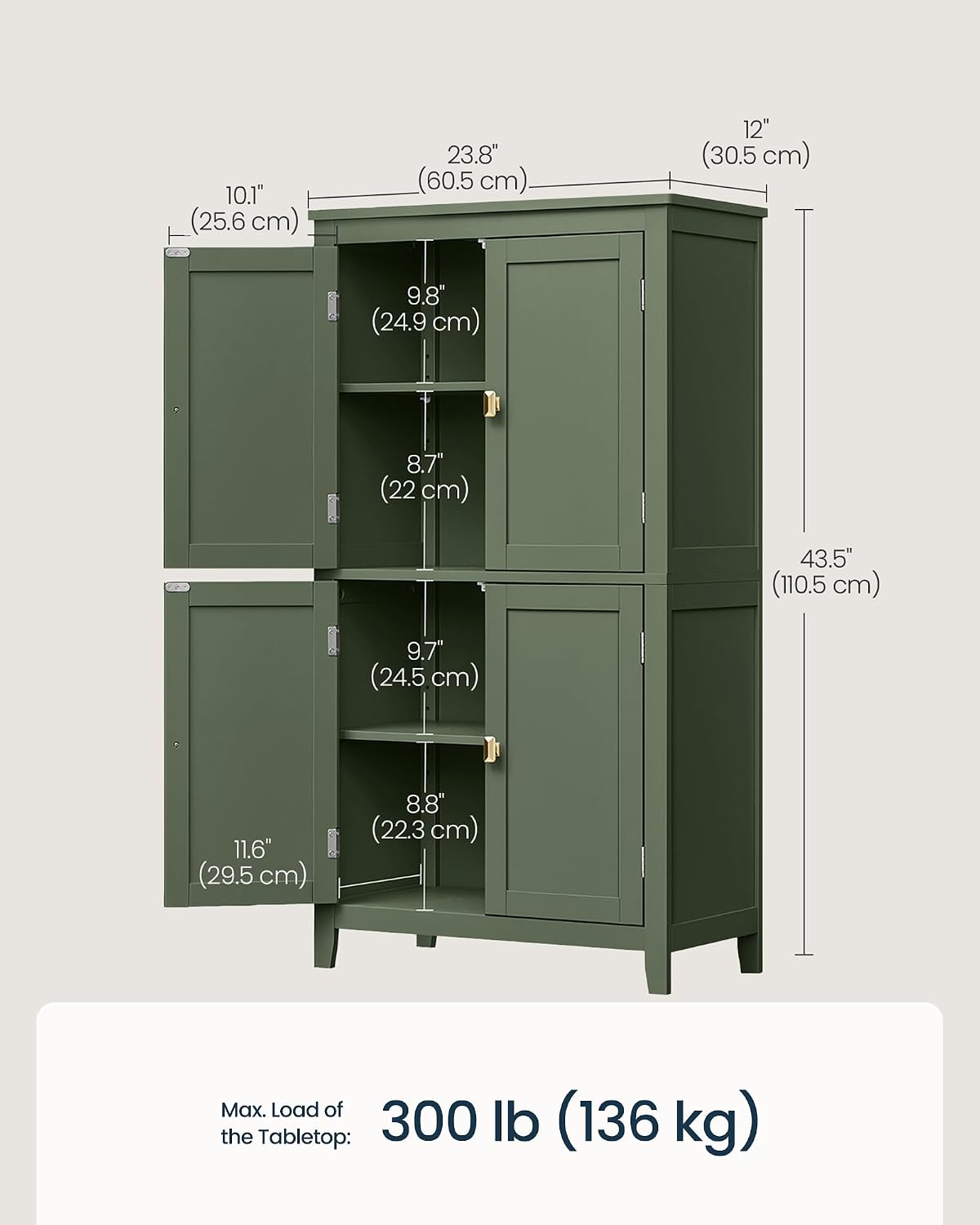 SONGMICS HOME Freestanding Storage Cabinet, Floor Cabinet with Elevated Legs, Metal Handles, for Living Room, Kitchen, Bathroom, Green