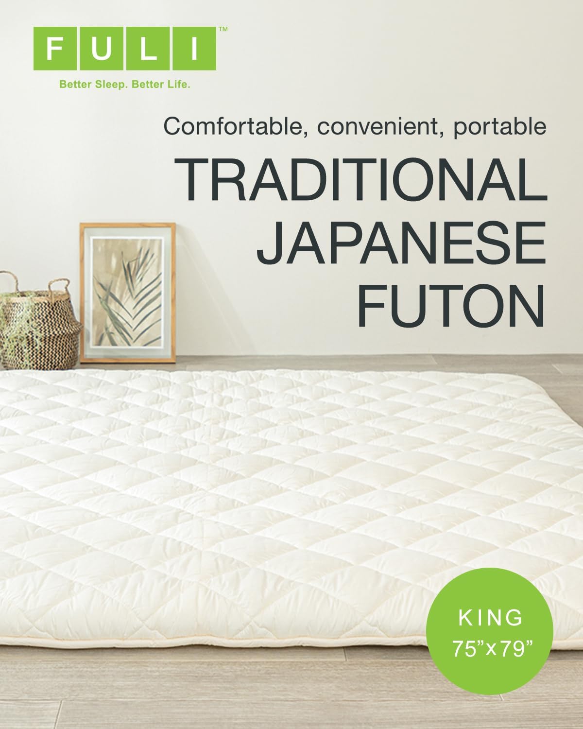 FULI Japanese Futon, Twin XL Size, White - Foldable Shikibuton Floor Bed | Medium Firm Quilted Cotton Sleeping Pad, Portable Roll-Up Japanese Floor Bed for Guests & Small Spaces, 100% cotton surface