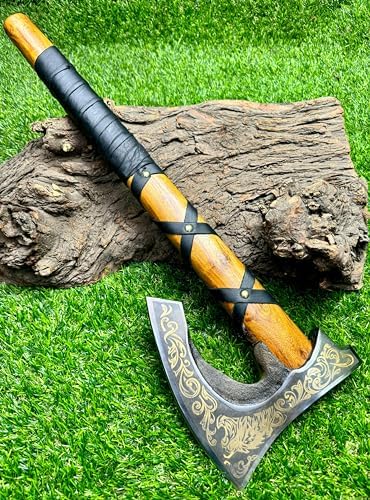 Poshland AX-7000 Custom Gift Forged Carbon Steel Viking Axe with Rose Wood Shaft, Viking Bearded Camping Axe