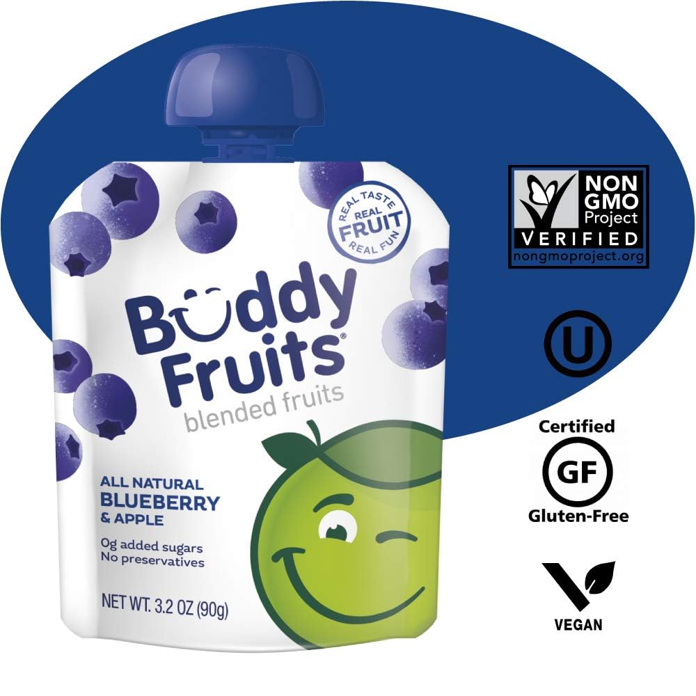 Buddy Fruits Snacks To Go Multifruit Unsweetened Applesauce 3.2oz Pouch (18pk) Gluten-Nut-Dairy-Preservatives-BPA Free, Non GMO, Kosher