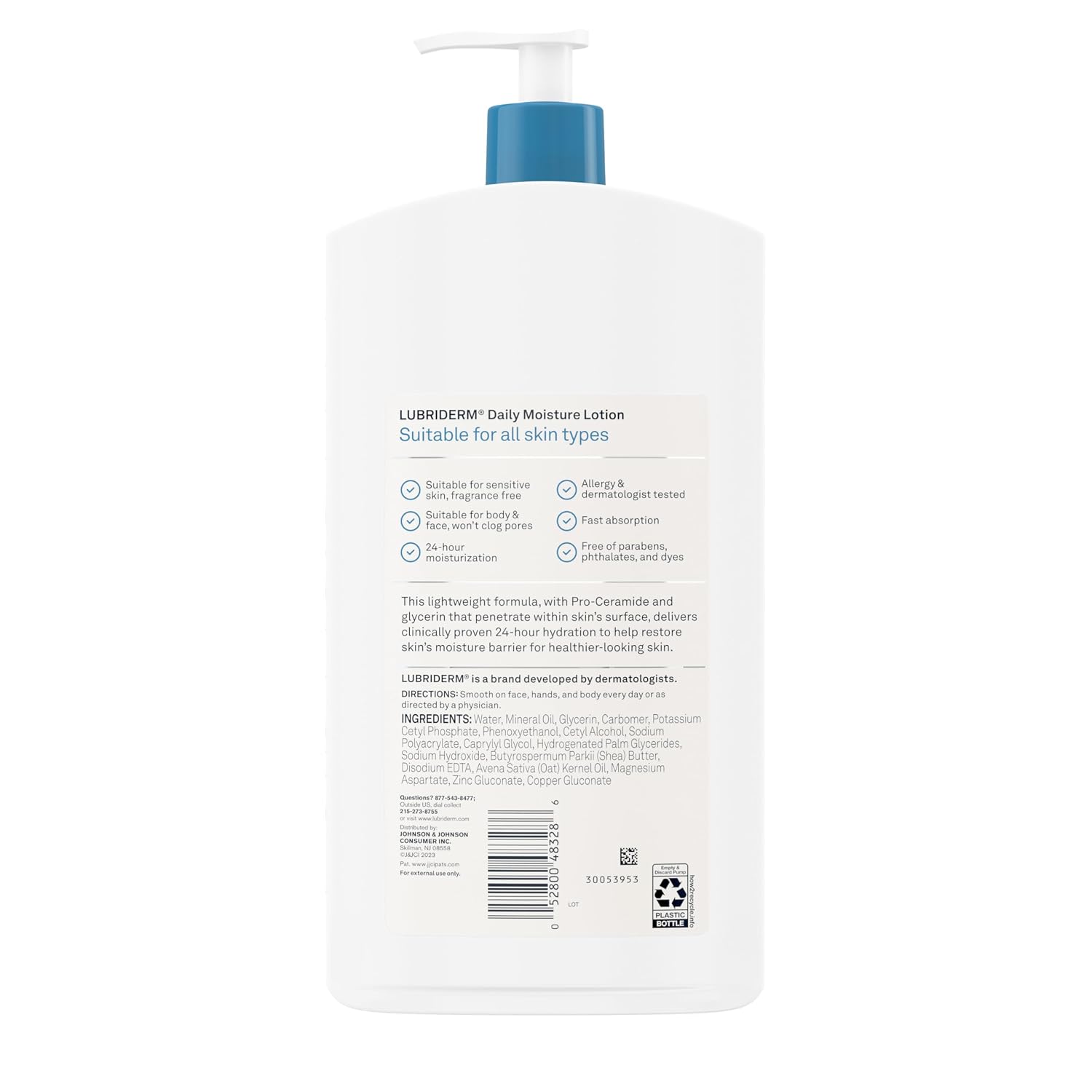 Lubriderm Daily Moisture Body Lotion, Fragrance Free, 24 fl. oz | Hydrating Face, Hand & Body Lotion + Pro-Ceramide for Sensitive Skin, 24-Hour Moisturizer with Shea Butter, Non-Greasy
