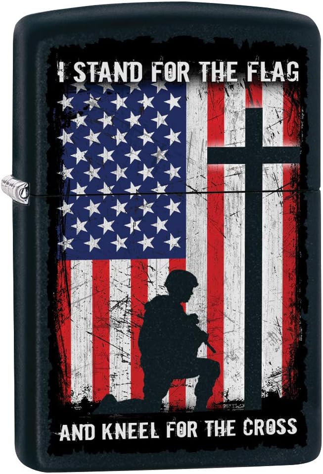 Zippo Lighter: I Stand for the Flag and Kneel for the Cross - Black Matte 79815