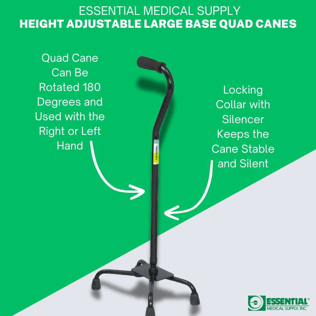 Essential Medical Supply Small Base Quad Cane in Black - Height Adjustable Walking Cane, Sturdy and Durable Walking Cane for Improved Mobility and Stability with 4 Prong Base and Rubber Tips